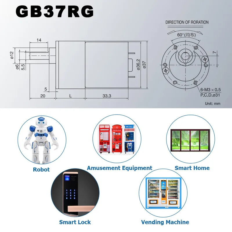 DC 12V/24V Gear Motor High Torque Electric Micro Speed Reduction Geared Motor Eccentric Output Shaft 37mm Diameter Gearbox