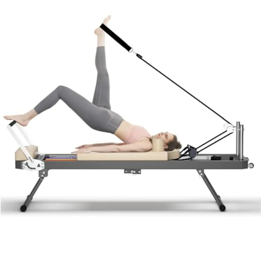 Foldable Pilates Reformer Machine for Home Gym 330lbs Capacity with Alloy Springs 5 Elastic Bands Space-Saving Design for Begin