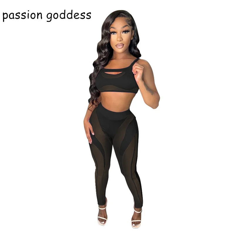 High Quality 2023 New Two Piece Sets Women Night Club Party Outfits Sexy Mesh Patchwork Tank Top and High Waist Skinny Pant Suit