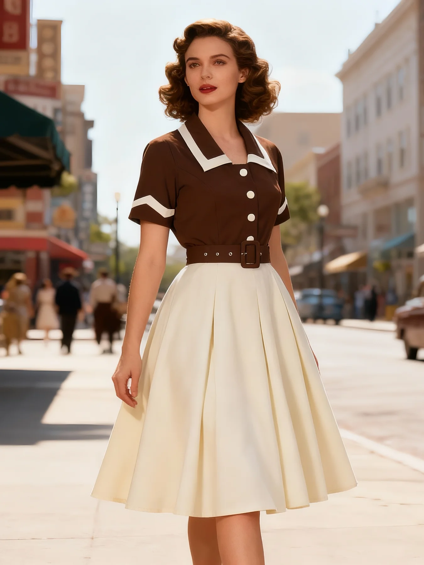 Tonval Two Tone Brown and Apricot Women Vintage Dresses 2026 Summer Turn-Down Collar Buttons Belted Pleated Dress