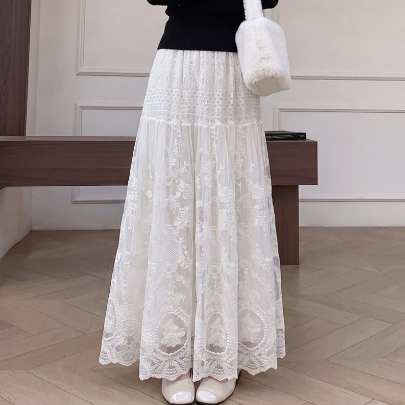 Vestido Floral Embroidery Spring Autumn Lace Skirt Women Korean Fashion Cute Fairy High Waisted A-Line Midi Long Skirts Maxi