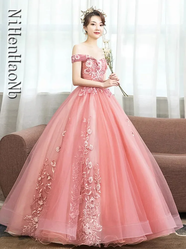 Vestido de fiesta de quinceañera rosa, vestido de baile de lujo sin hombros, 16 colores, talla grande