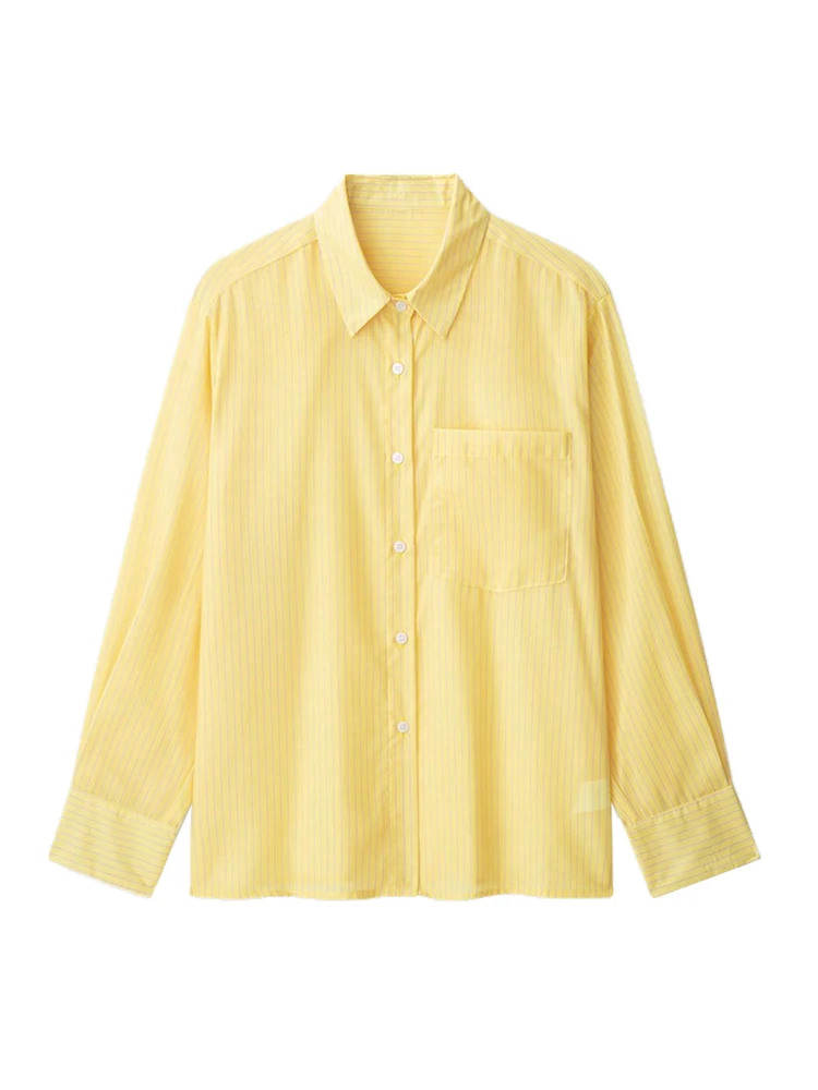 Women's Fashion Yellow Striped Long-Sleeve Shirts with Front Pockets, Casual Blouses for Summer