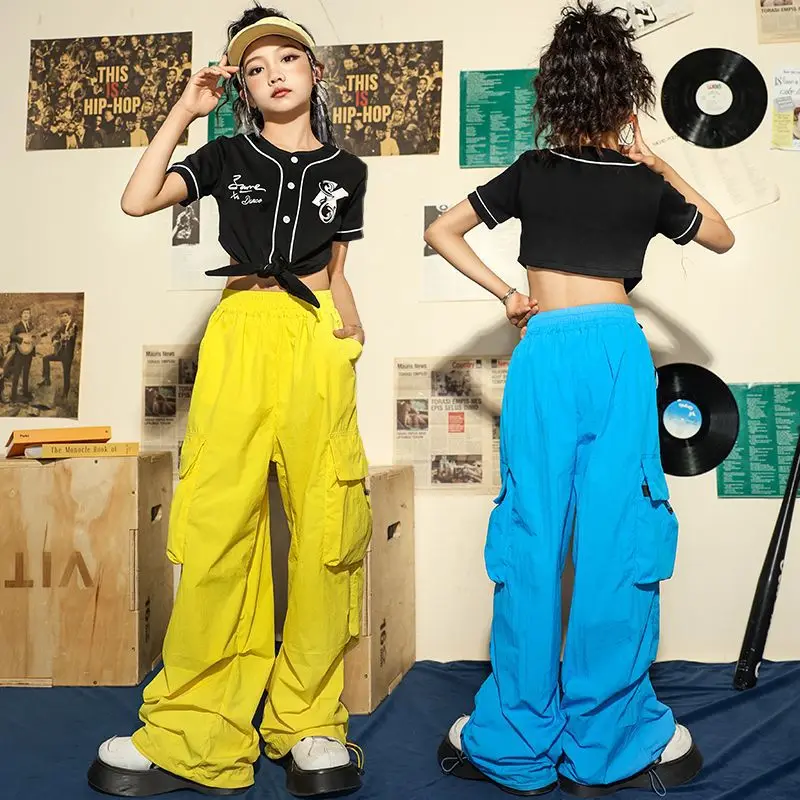 طفل Kpop الهيب هوب الملابس السوداء المحاصيل الأعلى الدانتيل يصل قميص خفيفة الوزن عارضة جيب البضائع السراويل لفتاة الجاز ملابس رقص الملابس