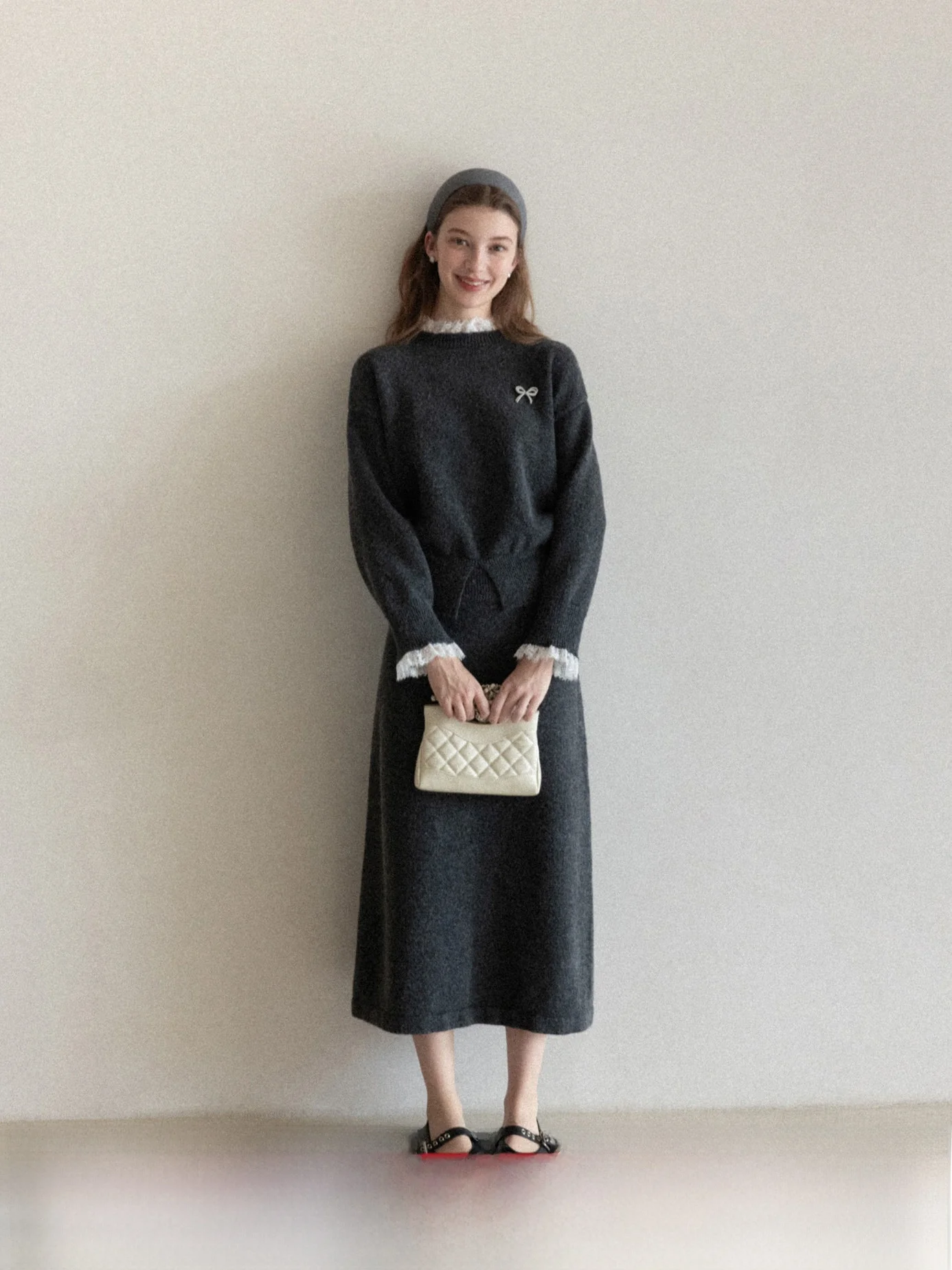 

ay Knitted Lace Patchwork Sweater Skirt Set Women's Winter Faion Two-Piece Set High Waist Belt Design Casual Sle Warmth