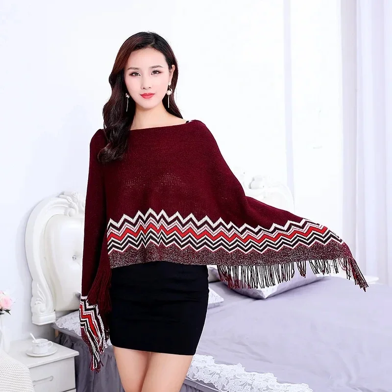 2024 Spring Autumn New Fashion Large Tassel Irregular Shawl Coat Pullover Cloak Women Wear Lady Poncho Capes Red