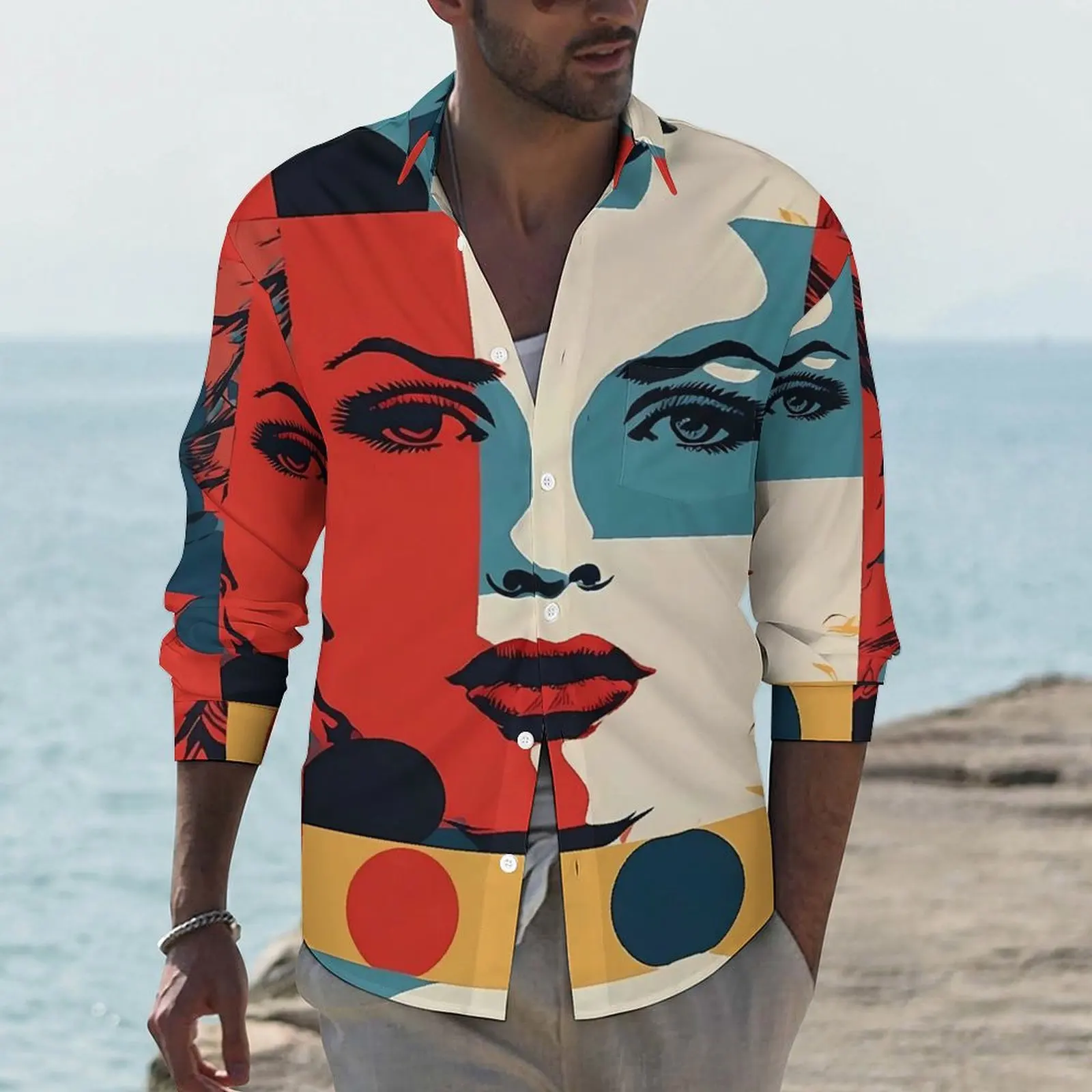 

Lady Face Casual Shirts Man Pop Art Print Shirt Long Sleeve Loose Y2K Blouses Autumn Custom Clothing Plus Size