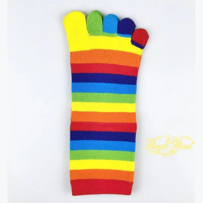 Rainbow Striped Five Finger Socks Women's Combed Cotton Split Toe Socks Winter Warm and Colorful Trendy Mid Length Cotton Socks