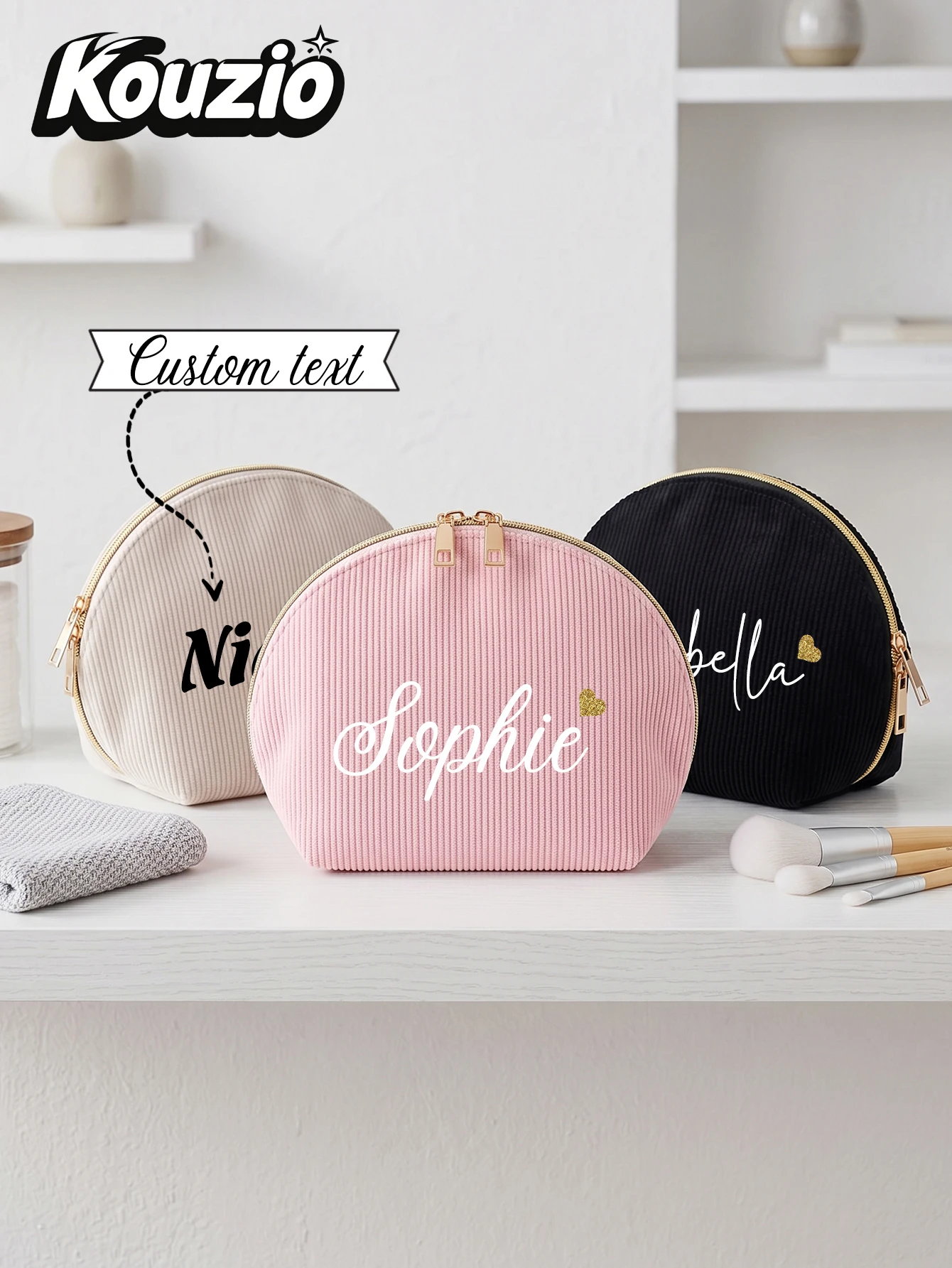 Custom Name Heat Transfer Corduroy Shell Makeup Bag, Personalized Zipper Cosmetic Pouch, Travel Beauty Organizer for Women