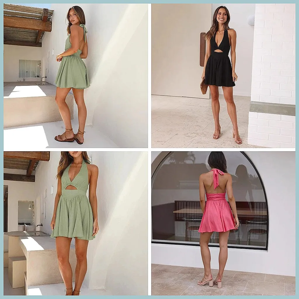 Abito Mini Sexy da Donna Senza Maniche con Scollo a V e Schiena Scoperta 2025, Vestito Casual per Spiaggia, Vacanze e Feste