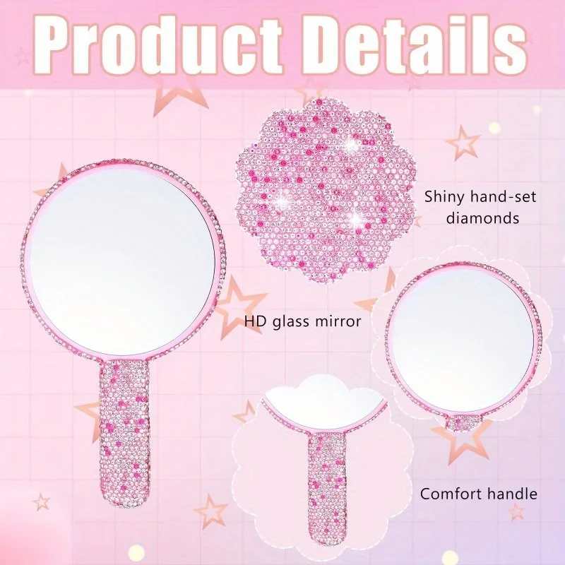 Diamant Handheld Make-Up Spiegel Liebe Herz Spiegel Weiblichen Griff Make-Up Kosmetische Schönheit Werkzeuge Handheld Eitelkeit Mädchen Make-Up Spiegel