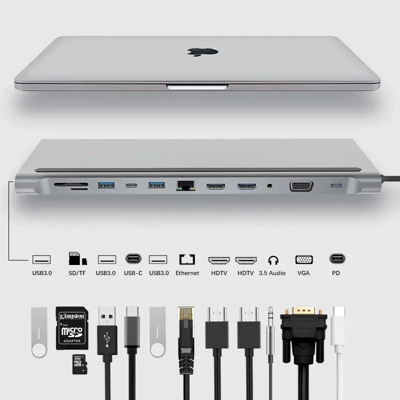 

Док-станция для ноутбука 12 в 1, тип C, док-станция PD 4K для ноутбука MacBook MST, двойной монитор, двойной HDTV, VGA RJ45 SD TF