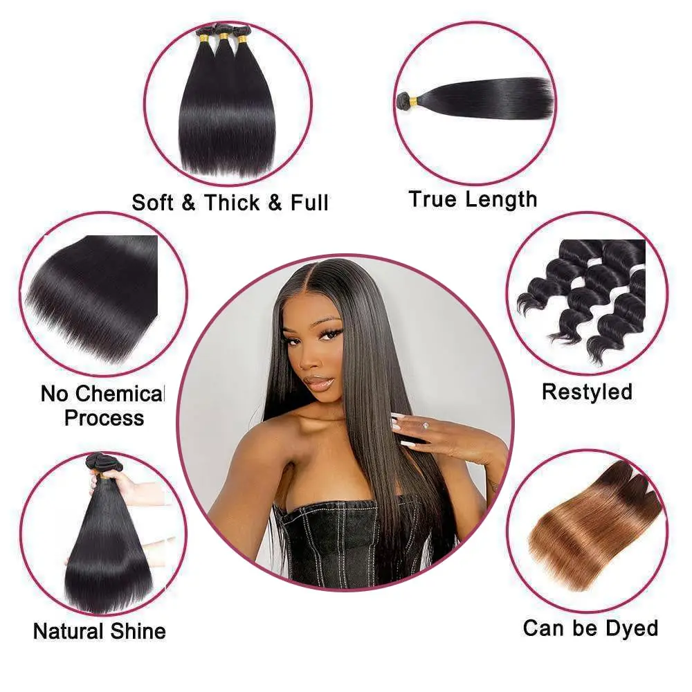 Pacotes brasileiros da extensão do cabelo humano para mulheres negras, tecer natural, reto, preto, 1B, 24, 26, 28, 30 Polegada, 1, 3, 4 pcs