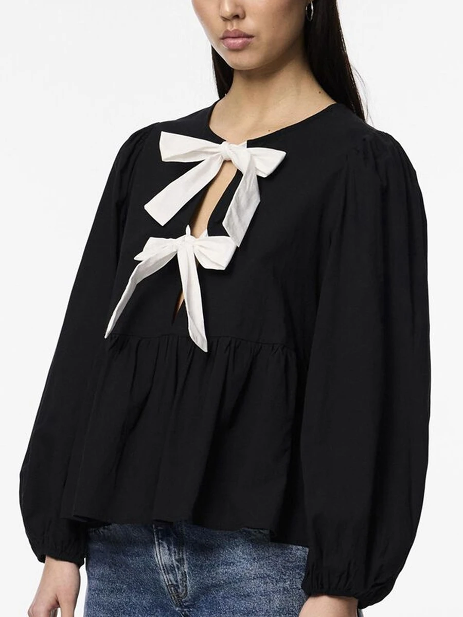 여성용 캐주얼 셔츠, 긴팔 O넥, 활 넥타이, 앞면 베이비 인형 상의, 용수철 가을