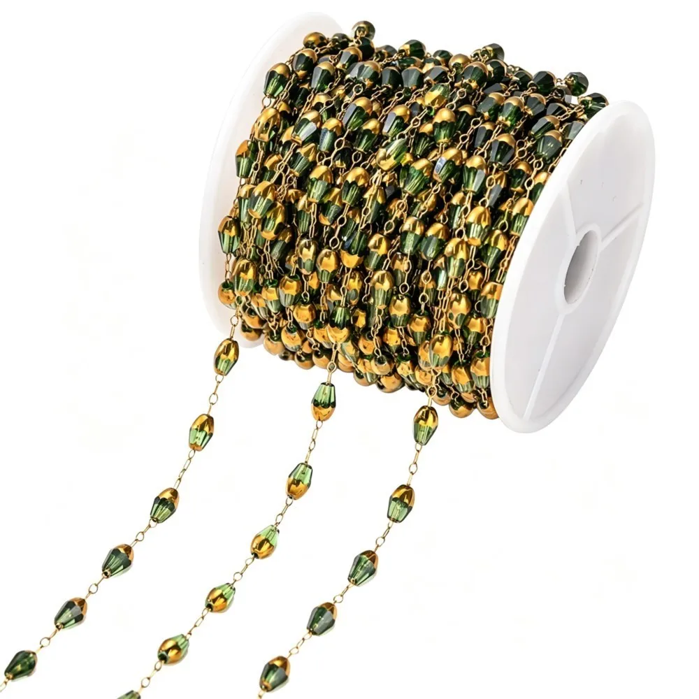 Cadena de acero inoxidable de 1 metro con cuentas de diamantes de imitación verdes, cadena de oro KC para collar y pulsera, accesorios para manualidades y fabricación de joyería DIY.