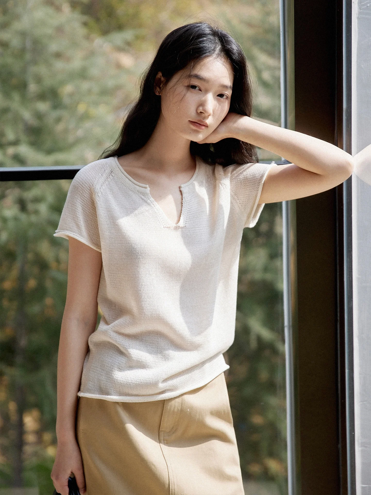 

GINNKEE V-Neck Short Sleeve Knitted Shirt Linen Breathable Women's Casual Style Soft Fit Summer Fashion China Made