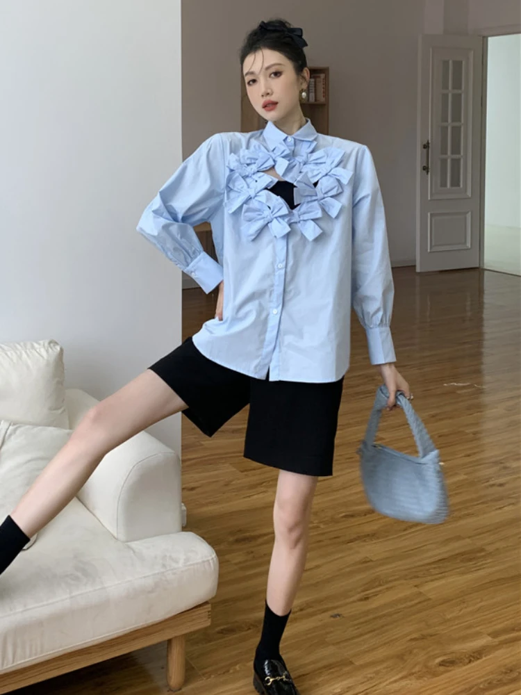 Fashion Elegant Blouses for Women Monochromatic Bow Patchwork Hollow Out Design Shirts Spring Autumn 2024 New Chic Clothing Tops