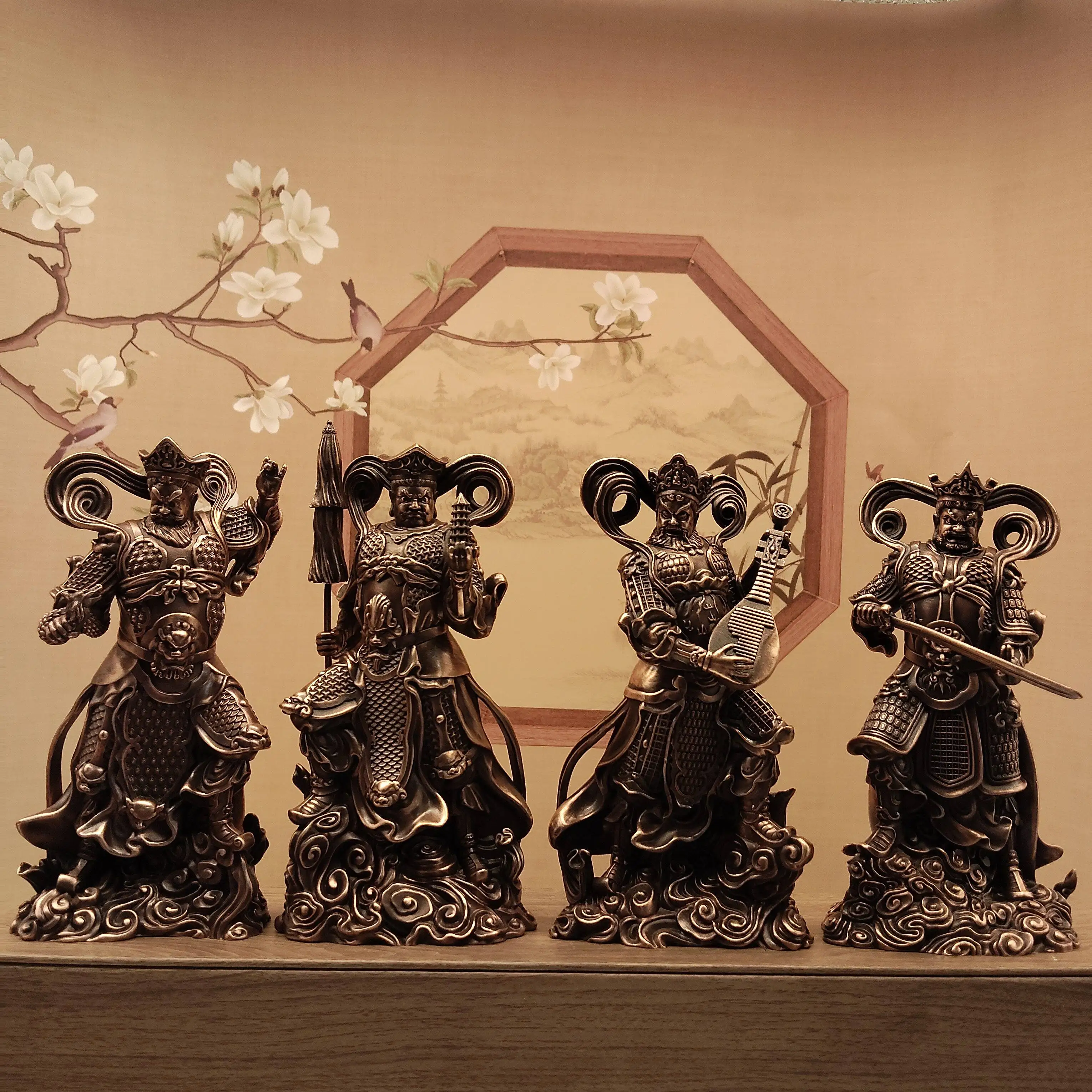 Nepal Craft Antique Copper Four Heavenly Kings Protector Statues 15cm Office Living Room Altar Blessing