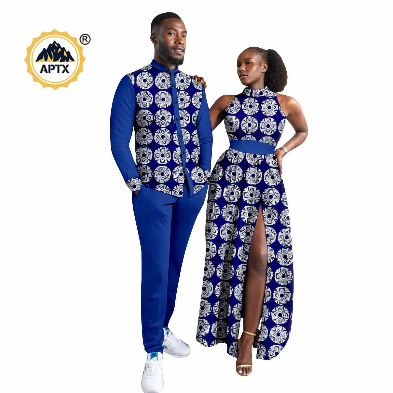 

Dashiki African Sexy Print Split Long Dresses Matching Couple Outfits Bazin Riche Men Clothes Top Shirt and Pant Sets 24C065