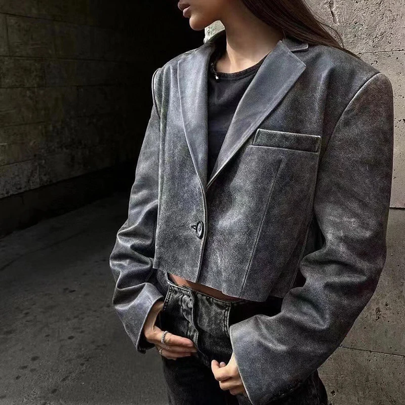 23AW Casual Women Vintage Genuine Leather Jacket Outdoor Street Style Motorcycle Oversized Female Blazer Designer Outerwear