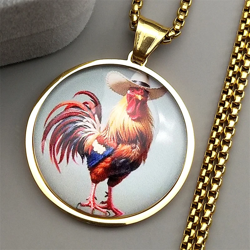 

Punk Cowboy Rooster Cock Chain For Women Men Stainless Steel Glass Animal Western Farm Male Pendant Necklace Jewelry Gifts