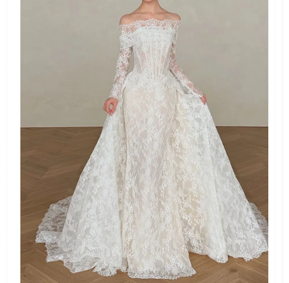 Strapless Lace Corset Mermaid Wedding Dress Detachable Long Lace Sleeves Draped Satin Skirt Train Bridal Gown Sheer Bodice