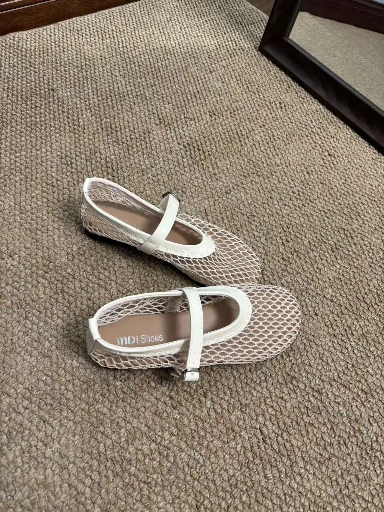 Cream White Mesh French Mary Janes Square Buckle Slip On Wedding Party Date Vacation Daily Wear Comfortable Dress Shoes view 5