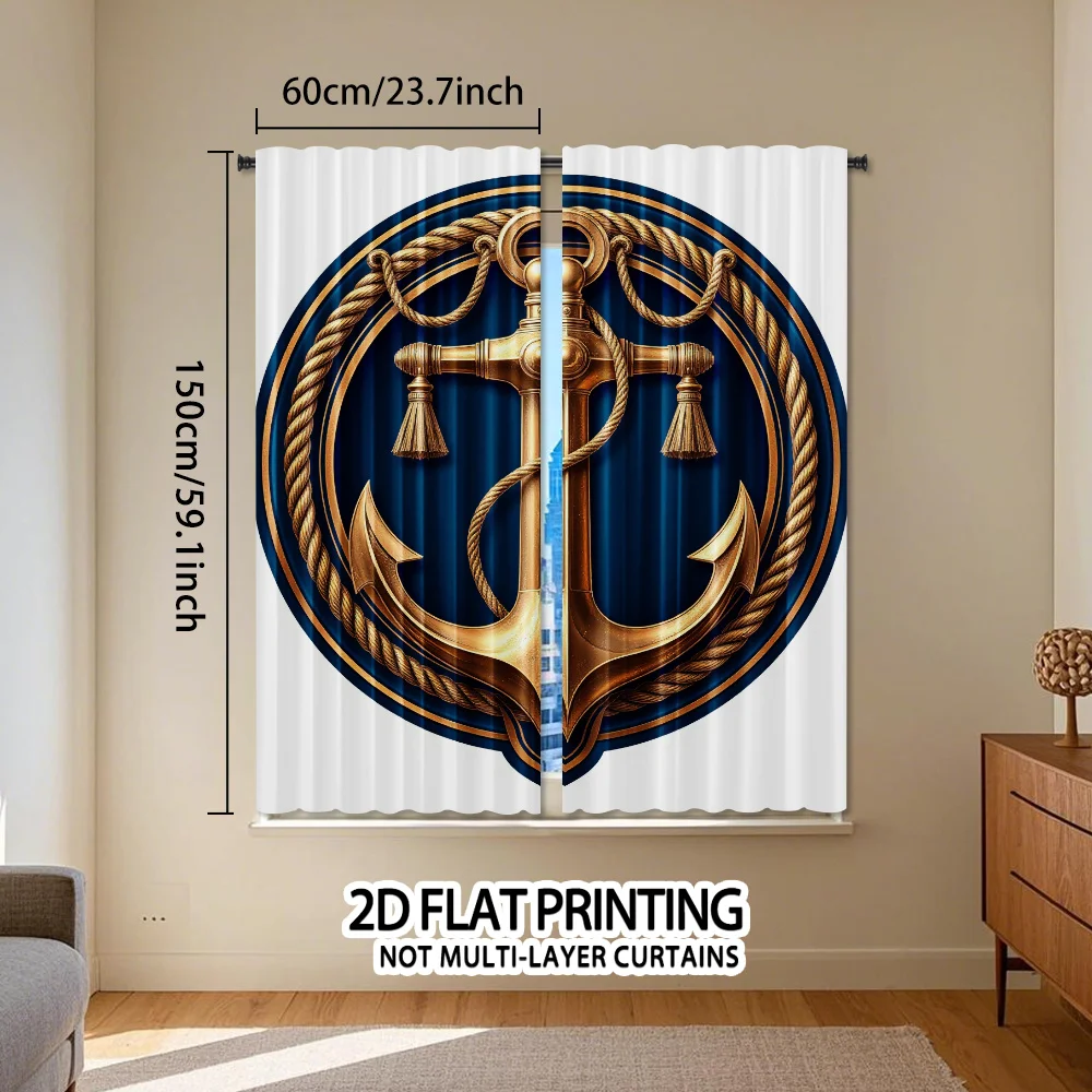 Elegant Nautical Anchor Curtain Gold Blue Marine Luxury Decorative Drapes for Living Room Window Home Decor Statement Window