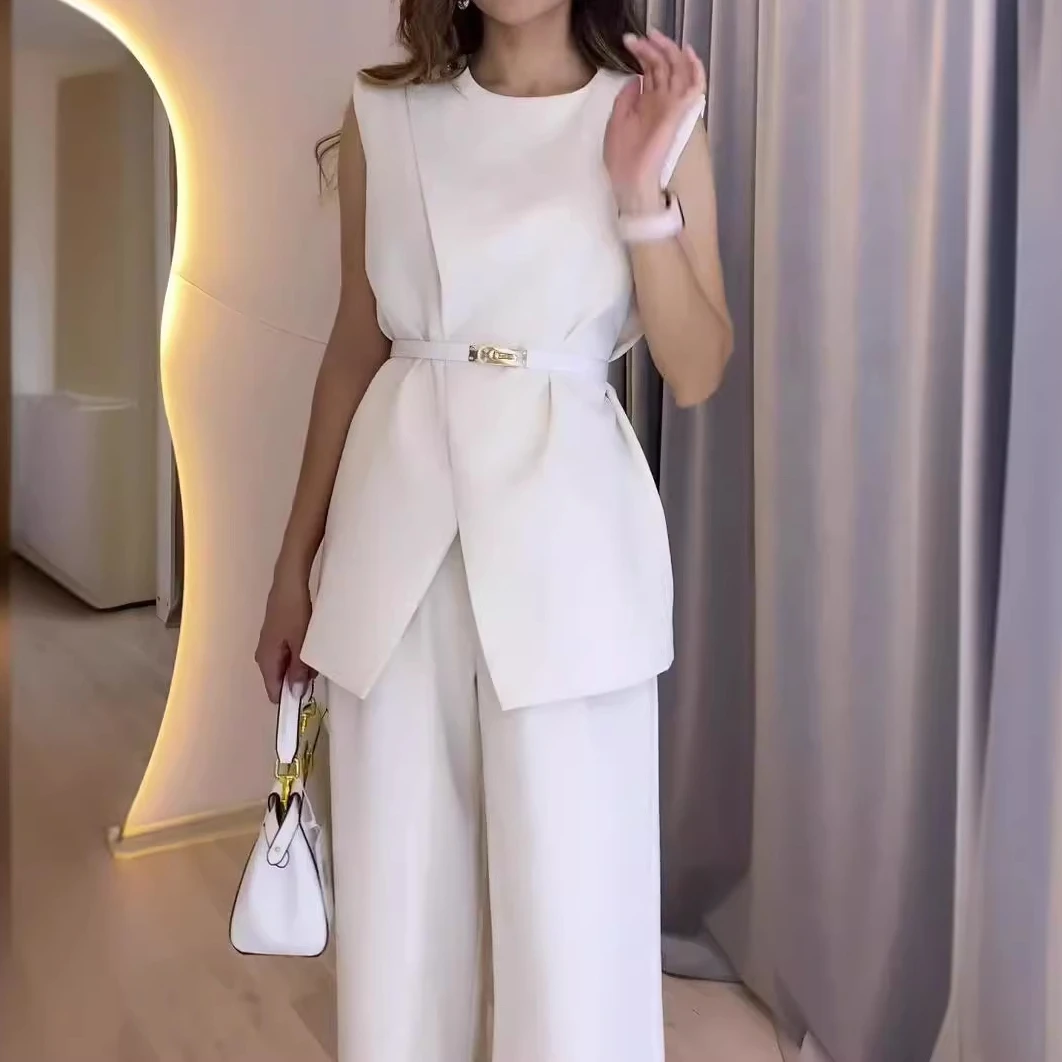 Two Piece Sets Women Pants Set Round Neck Belt Sleeveless White High Waist Tops Solid Wide Leg Long Pants Slim Fit Elegant