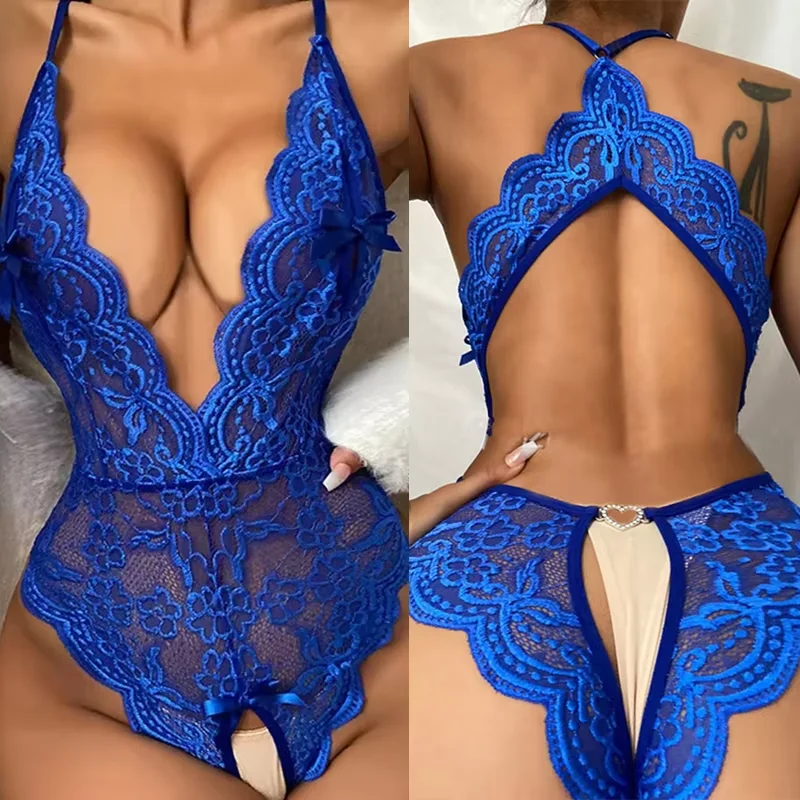 Deep V Blue Lace Perspective Bodysuit Hollow Sex Bra Open Crotch Erotic Costumes Teddy BabyDoll Dress Sexy Lingerie Sleepwear