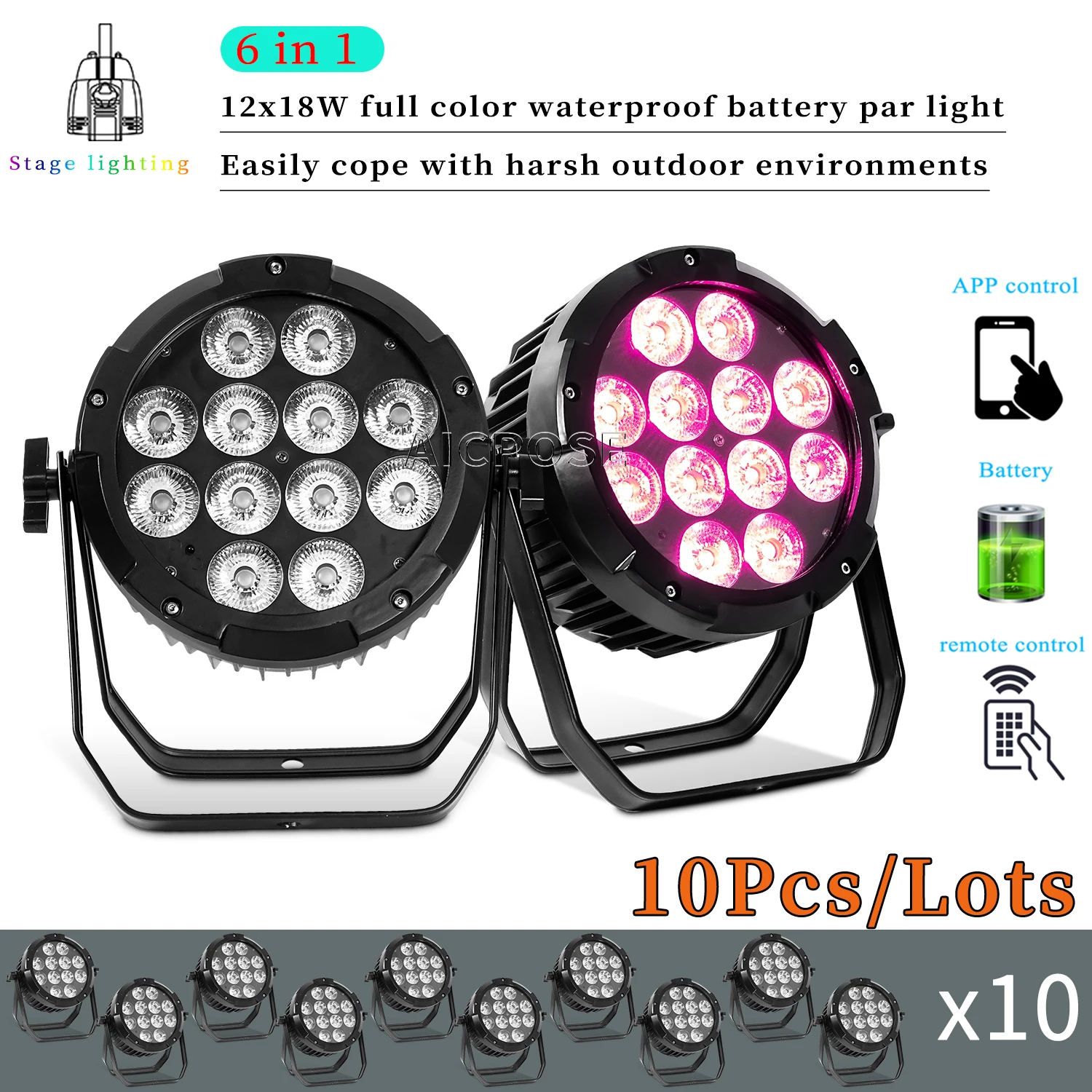 10Pcs/Lots Waterproof Battery Par Light 12x18W RGBAW+UV 6 in 1 LED Mobile Phone APP Control Stage Light DJ Disco Equipment