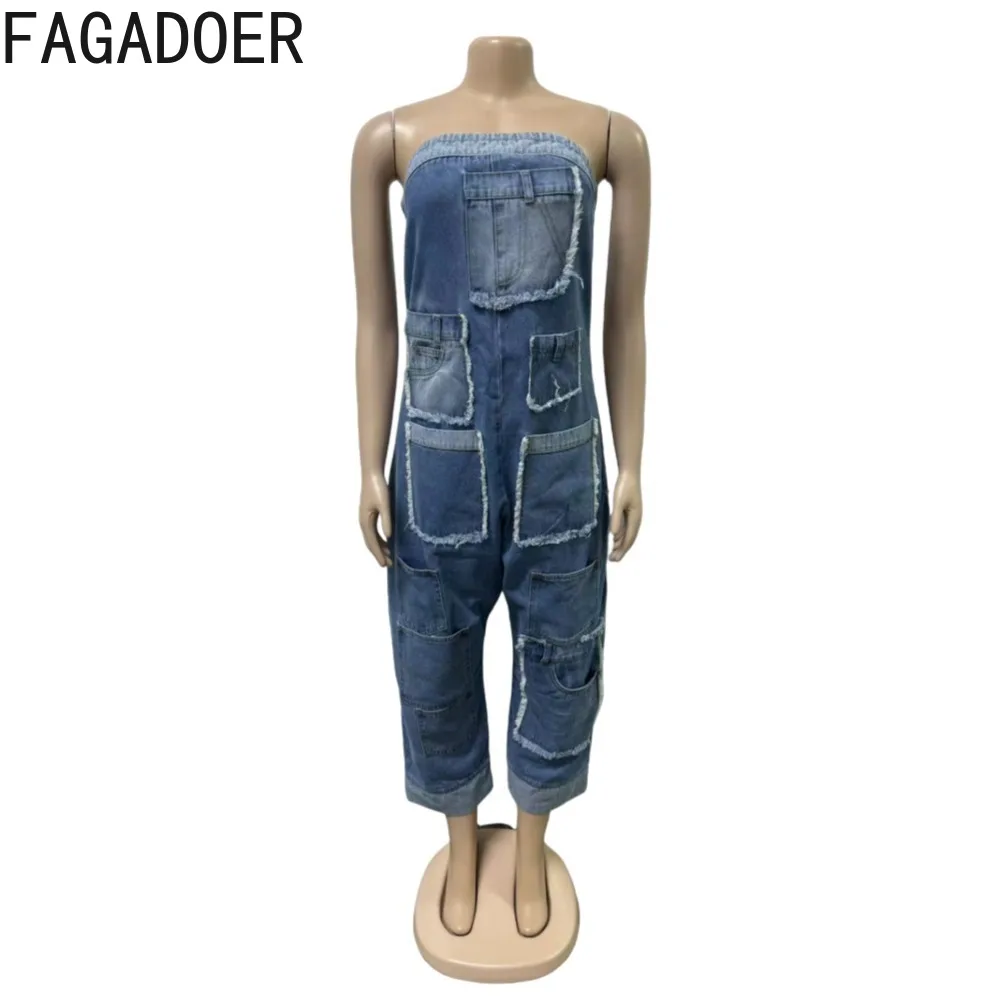 FAGADOER Fashion Streetwear Women Denim Pocket Splicing Loose Tube Jumpsuit Women Off Shoulder Sleeveless Backless Playsuit 2024