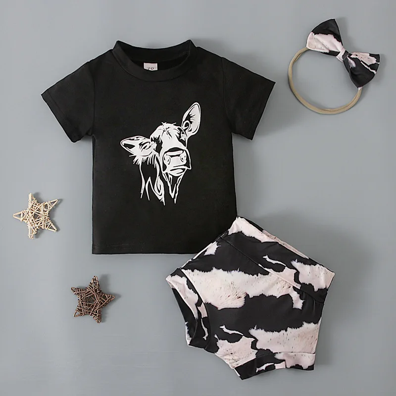 3Piece Summer Girls Outfit Sets Kids Clothing Korean Fashion Print Short Sleeve Tops+Shorts Twins Baby Clothes Newborn BC865