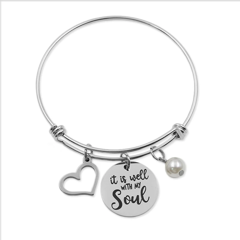 VILLWICE It is well with my soul bible verse bangle bracelet stainless steel heart charm bracelets christian jewelry Gifts