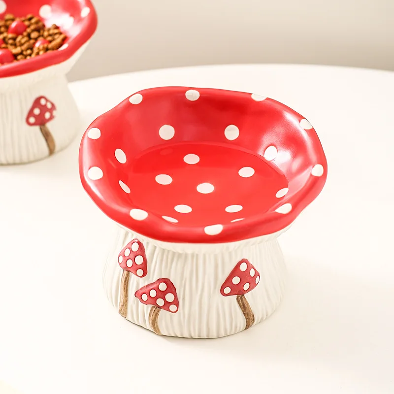 Elevated Ceramic Pet Food Water Bowl with Mushroom Pattern Angled Design Joint Protection