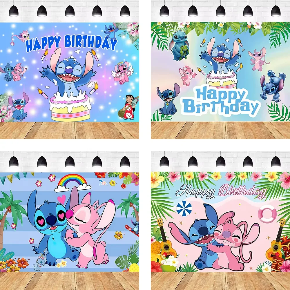 만화 릴로 & 스티치 테마 파티 배경 생일 파티 사진 부스 소품 스티치 생일 파티 배경 장식 스튜디오