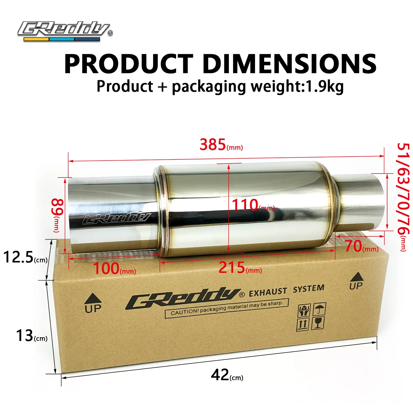 GReddy Style 89mm Silver Straight-Throught Exhaust Muffler,Thick Stainless Steel Car Exhaust Pipe Tail Section Universal Fit