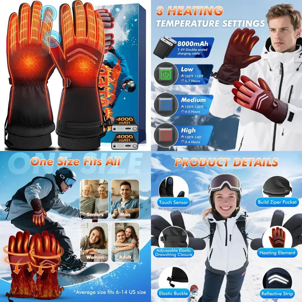 

Перчатки с подогревом для мужчин и женщин, 7,4 В, 8000 мАч, перезаряжаемые перчатки с подогревом, водонепроницаемые электрические перчатки с сенсорным экраном для мотоцикла, охоты