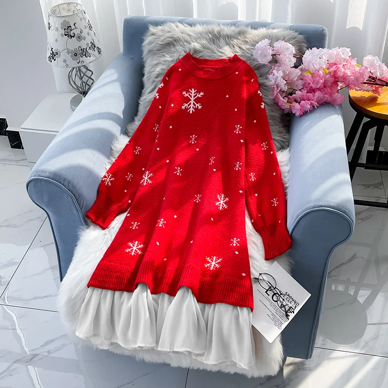 Fashion Sweater Dress Women's Clothing Autumn Winter Knitted Dress 2023 New Red Christmas Snowflake Dress Oversized bd727