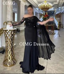 OIMG Saudi Prom Dresses One-Shoulder Side Slit Long Sleeves Black Sequined Vintage Customized Evening Gowns Formal Party Dress