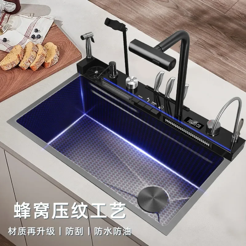 for Whale Shark Multifunctional Flying Rain Waterfall Sink 304 Stainless Steel Nano Large Single Slot Honeycomb Embossed