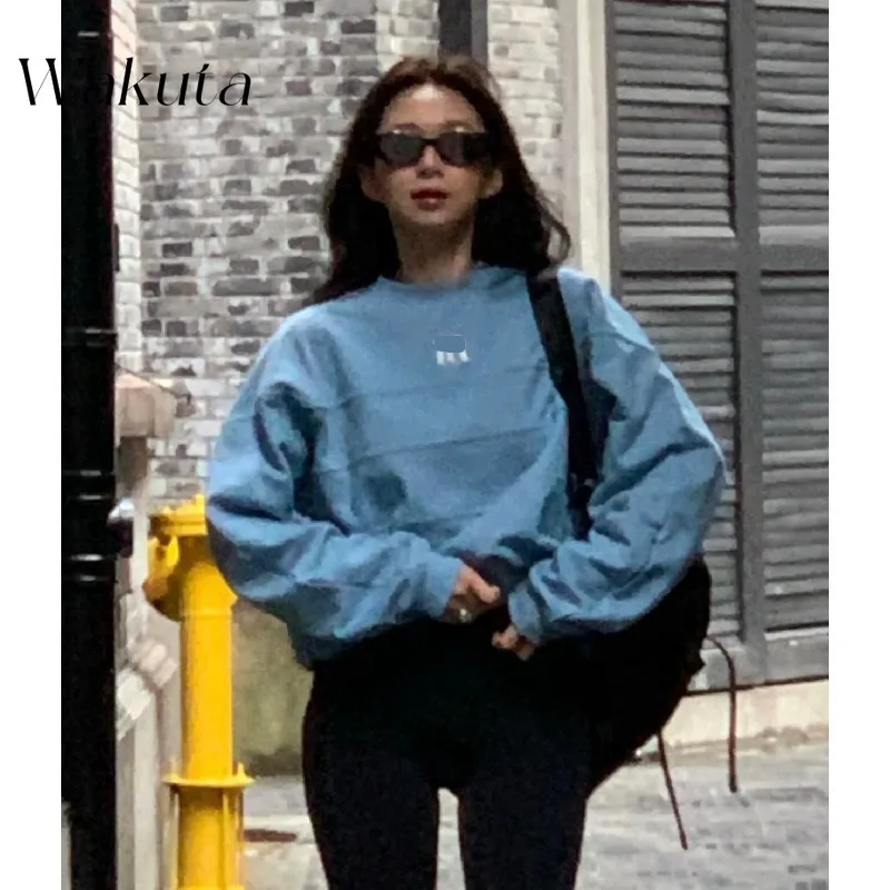 WAKUTA Korean Retro Round Neck Long-sleeved Solid Y2k Hoodie Fall Loose Drop-shoulder Letter Sweatshirts Blogger Ins Same Models