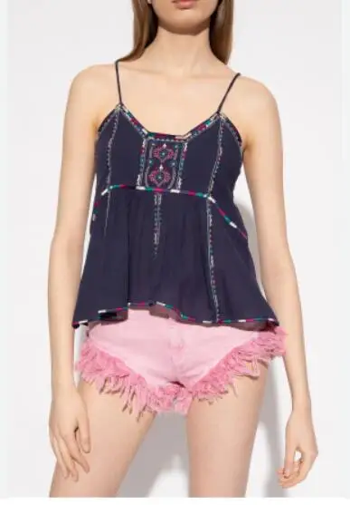 Nueva camiseta sin mangas con estampado de tirantes pequeños y bordado Sexy con volantes para mujer