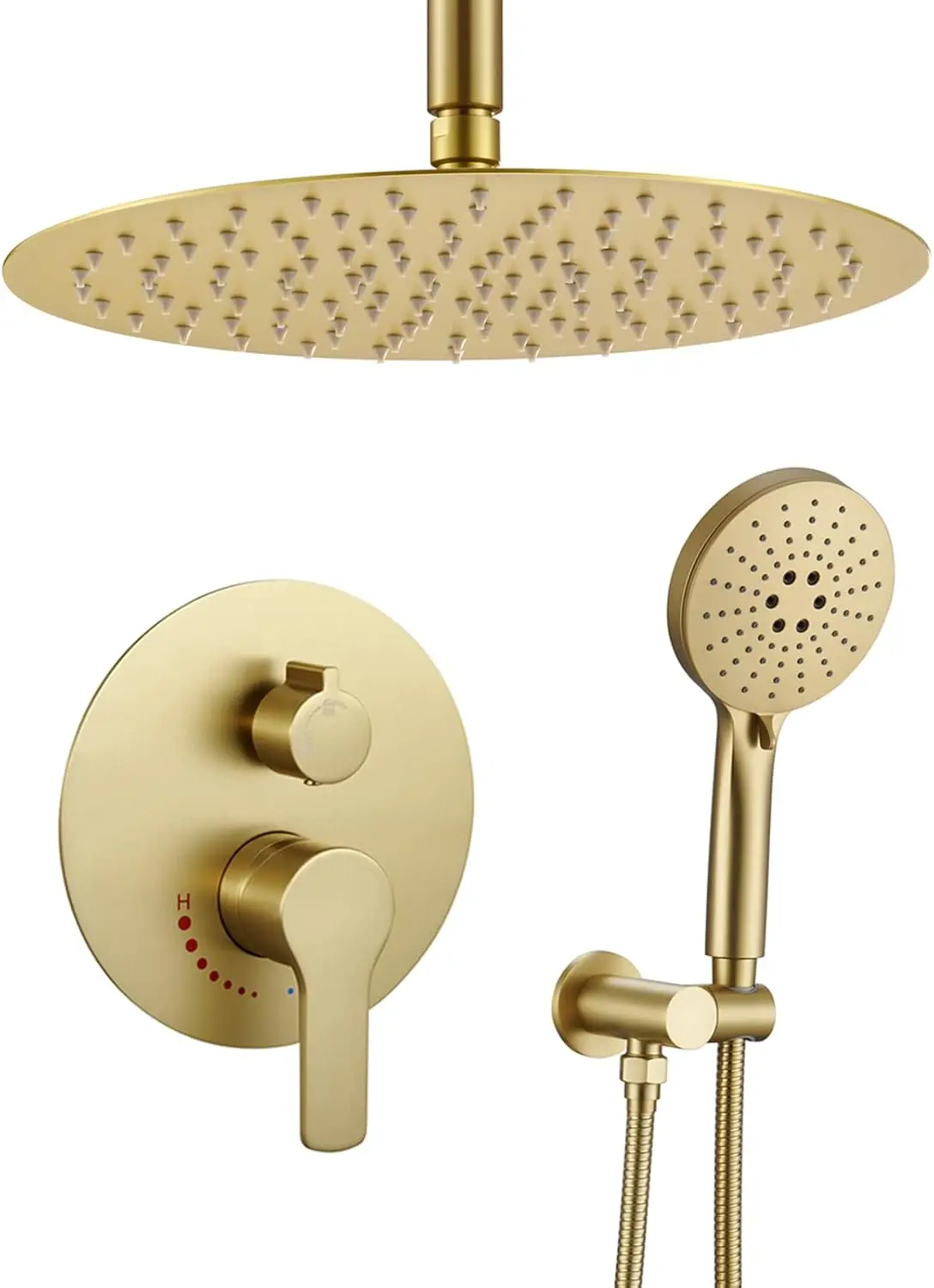 Brushed Gold Shower Faucet With Handheld Sprayer- 12 Inch Shower Head System Has Rain Shower Head And Handheld With Brass