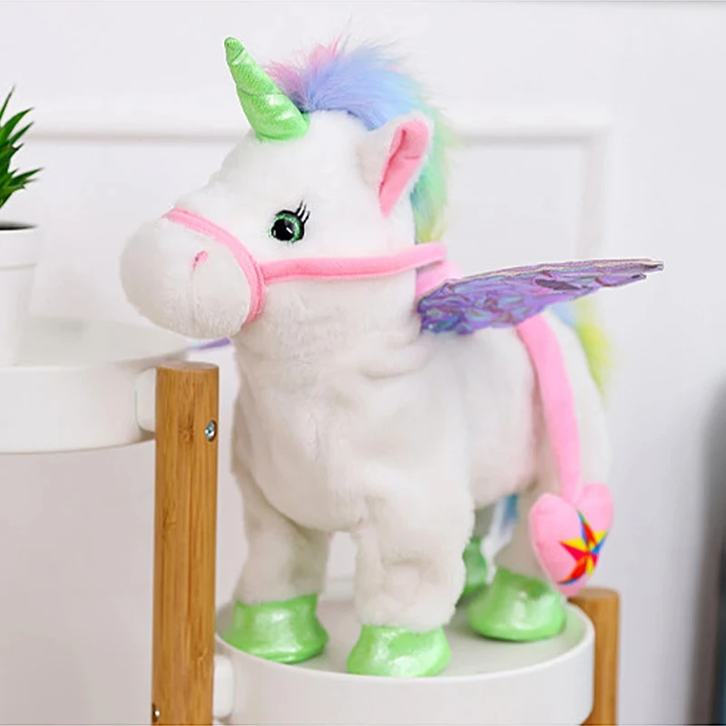 Unicornio caballo de peluche eléctrico para niños, Robot de peluche con música, juguetes para niñas, caminar, hablar, regalos para niños, 35cm