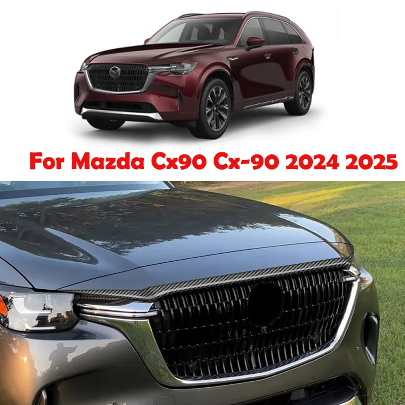 

For mazda CX-90 CX90 2024 2025 ABS carbonfiber Front bumper Hood mesh Grille Bonnet Lip Molding Cover Trim Exterior Accessories