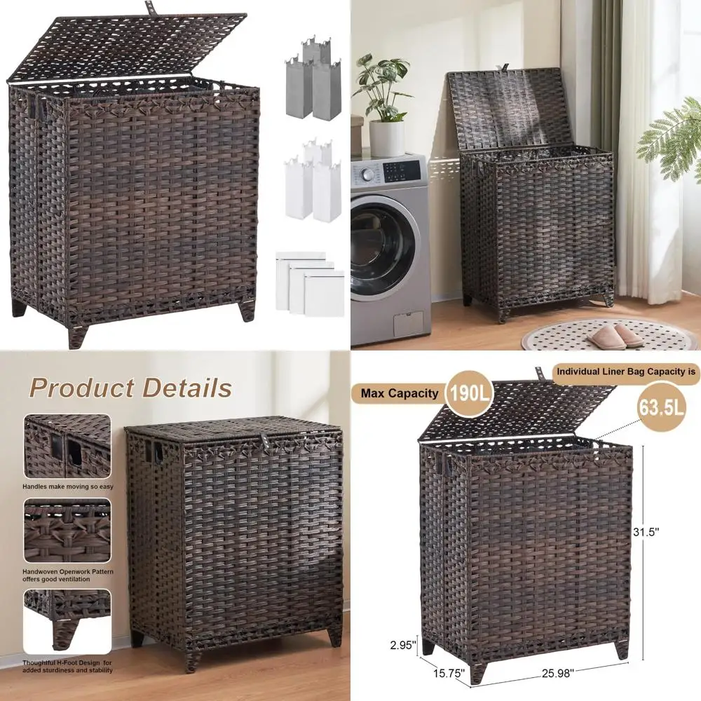 

Большая 190-литровая трехсекционная корзина для белья с 6 съемными сумками-вкладышами и 3 сетчатыми сумками, плетеный дизайн ручной работы