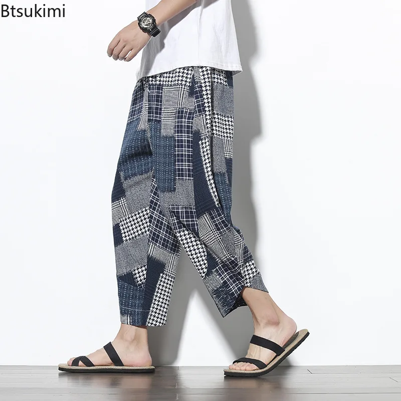 Chinese Style Men's Casual Cotton Linen Pants Ethnic Print Casual Pocket Calf-length Pants Vintage Streetwear Men Baggy Trousers