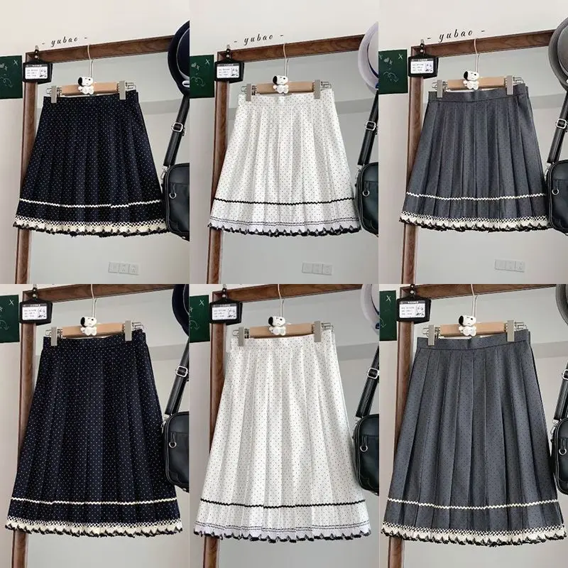 Korean Fashion Preppy Style A-Line Pleated Dot Kawaii Midi Skirt Cute JK Uniform Office White Navy Mini Skirt for Women Girls