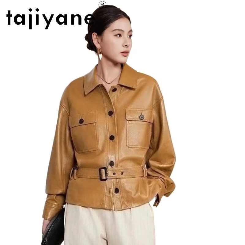 TAJIYANE Echte Olie Wax Schapenvacht Jas Vrouw Korte Riem Jas Hoge Kwaliteit Echt Lederen Jassen 2025 Herfst Vrouwen Kleding 12.12